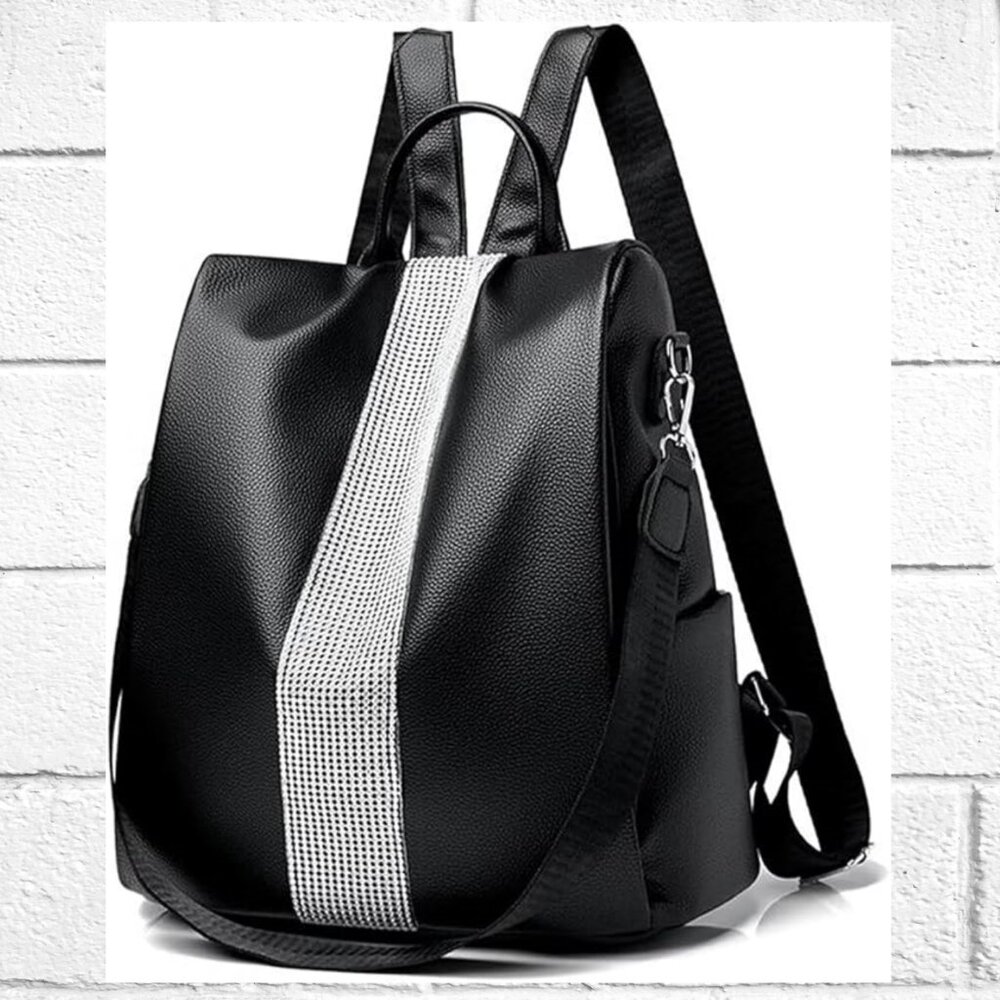 NEW! Lightweight Faux Leather Backpack Tote Shoulder Bag w/Crystal Accent Strip